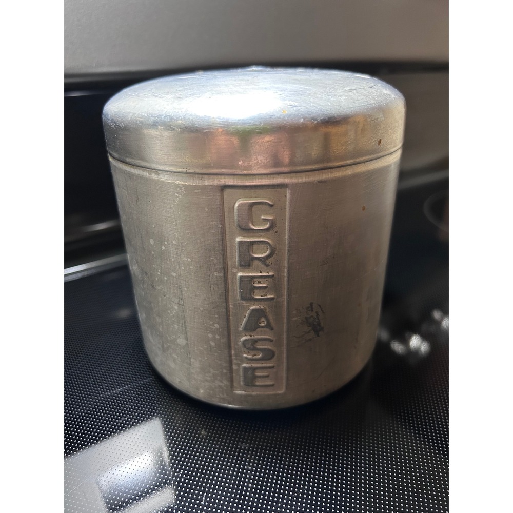 Vintage Aluminum Grease Canister with Strainer and Lid Mid-Century Modern 4.5in